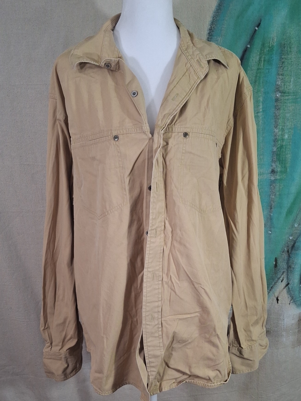 Eddie Bauer 100% COTTON Men's Tan Button-Up Workshirt Pocket Buttondown Shirt